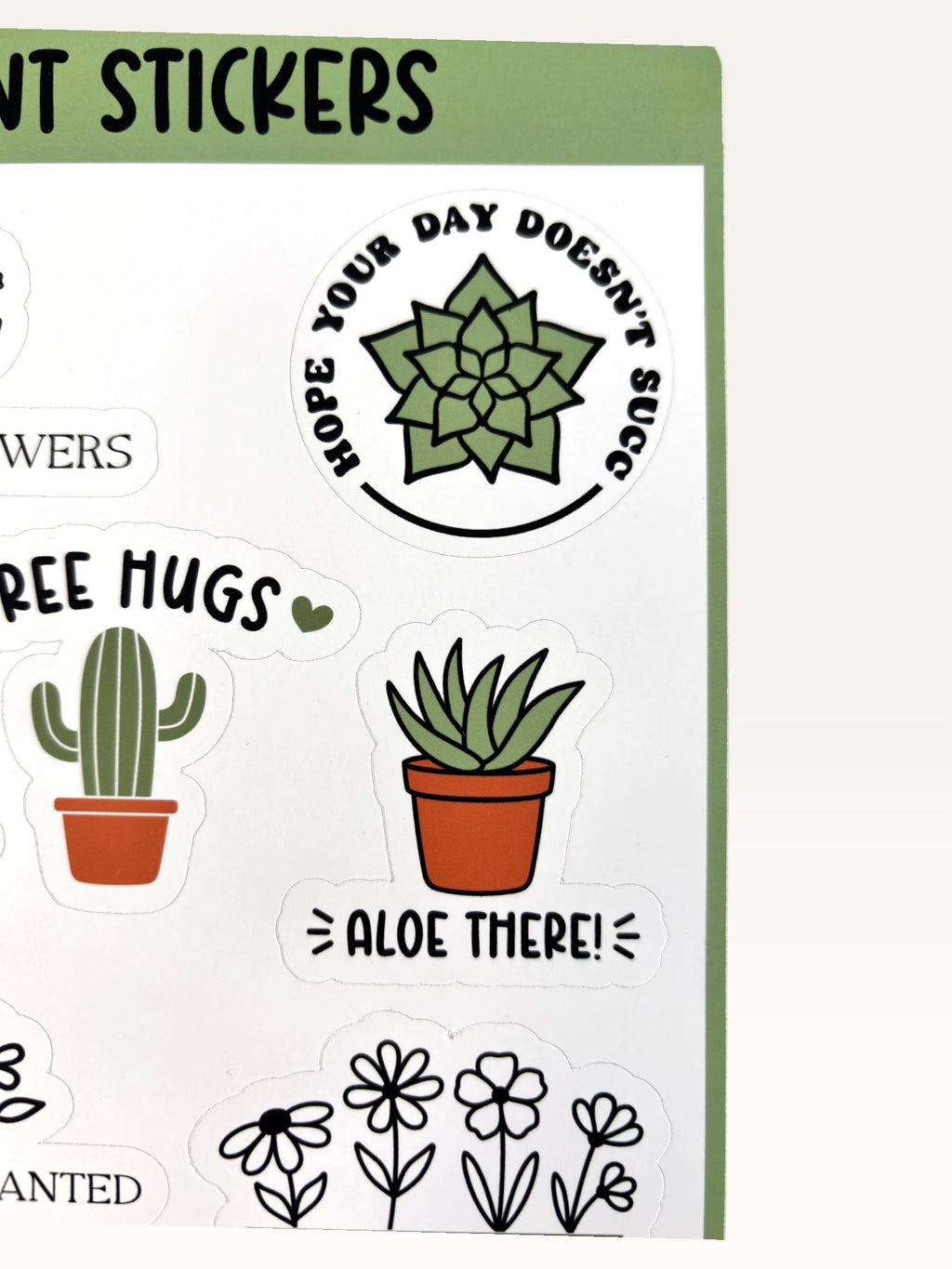 Paper Party Studio plant lover sticker sheet featuring succulent, cactus, and flower designs with punny text.
