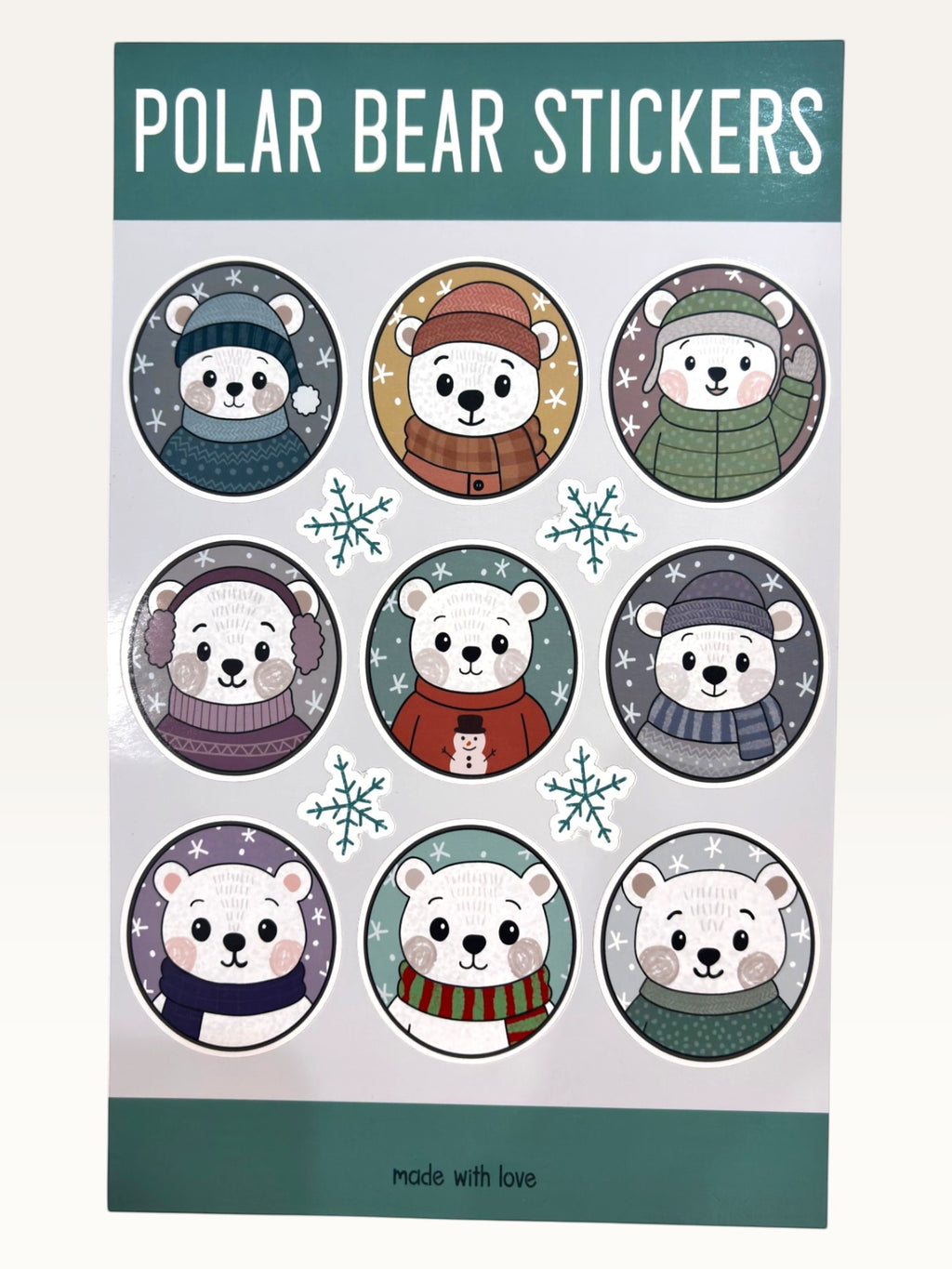 Paper Party Studio polar bear sticker sheet featuring nine cute bears in winter hats and scarves on glossy paper.