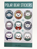 Paper Party Studio polar bear sticker sheet featuring nine cute bears in winter hats and scarves on glossy paper.