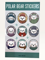 Paper Party Studio polar bear sticker sheet featuring nine cute bears in winter hats and scarves on glossy paper.