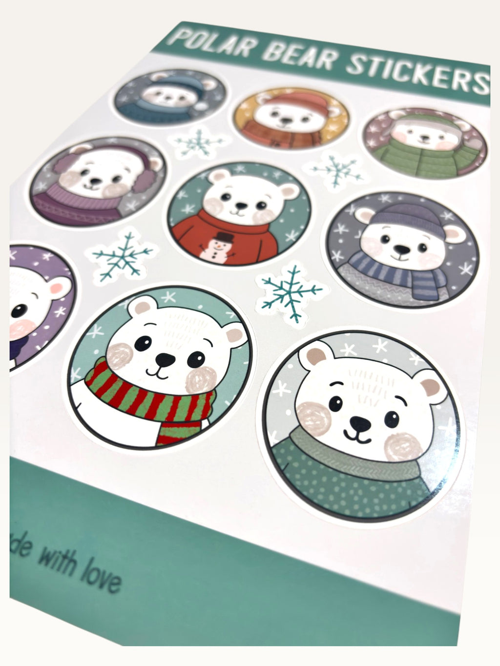 Paper Party Studio polar bear sticker sheet featuring nine glossy kiss-cut stickers of bears in winter clothing.