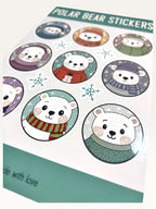Paper Party Studio polar bear sticker sheet featuring nine glossy kiss-cut stickers of bears in winter clothing.