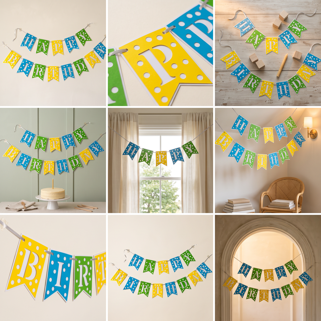Paper Party Studio Happy Birthday banner with blue, green, and yellow polka dot swallowtail flags and white letters.
