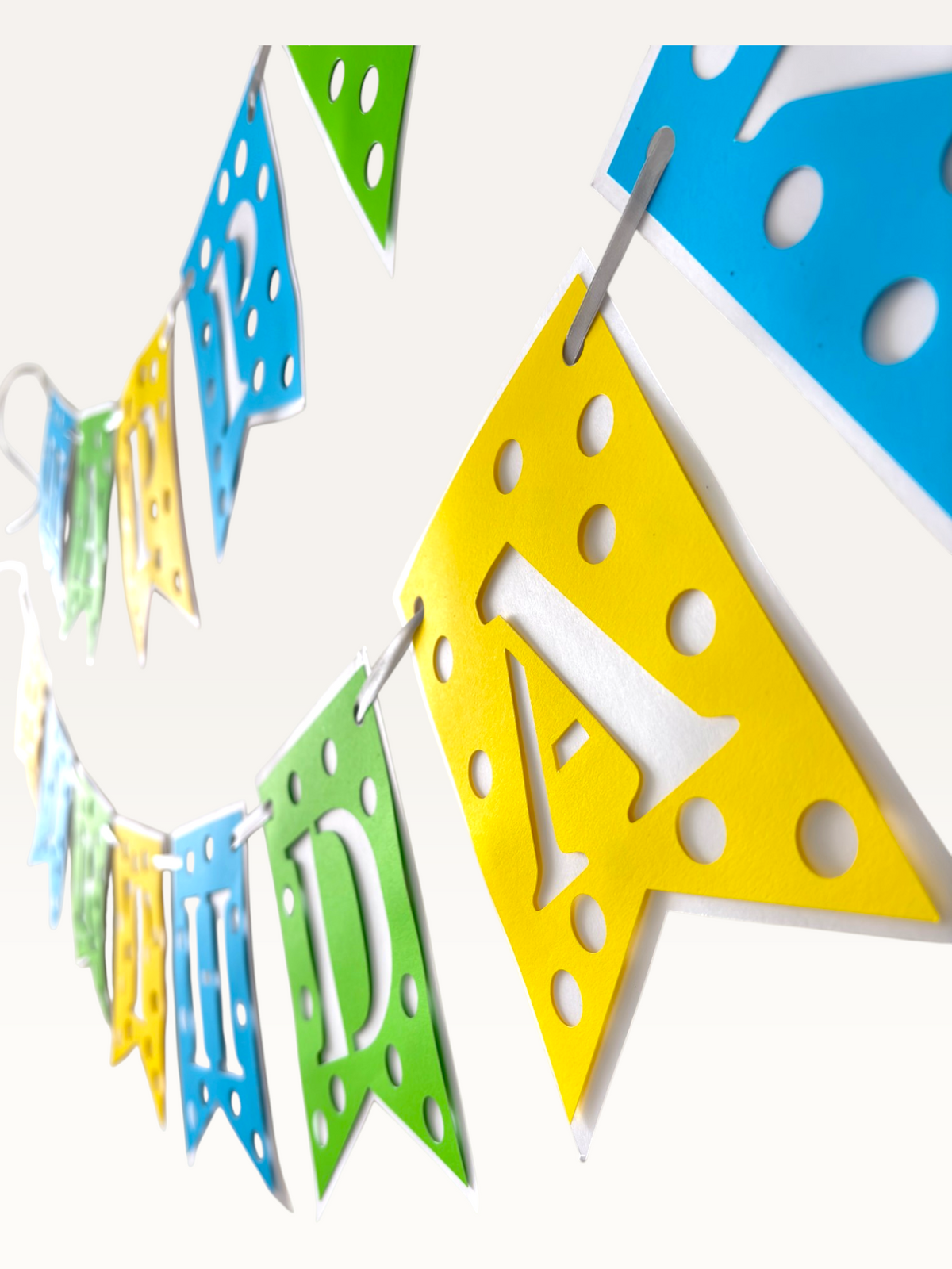 Paper Party Studio Happy Birthday banner with blue, green, and yellow polka dot swallowtail flags and white letters.
