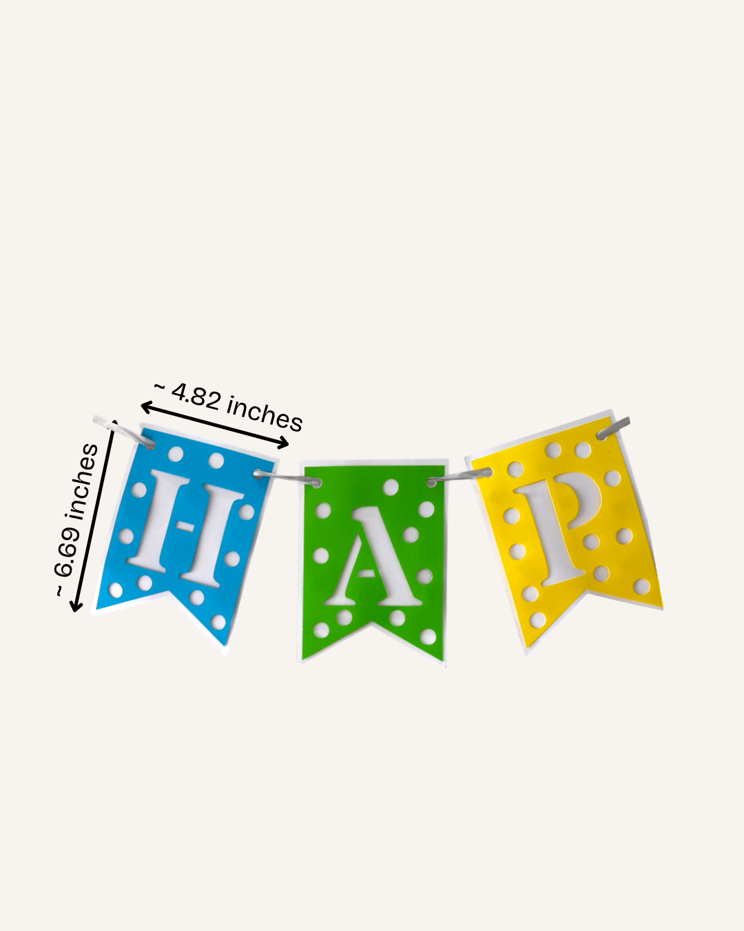 Paper Party Studio Happy Birthday banner featuring blue, green, and yellow swallowtail flags with white polka dots.