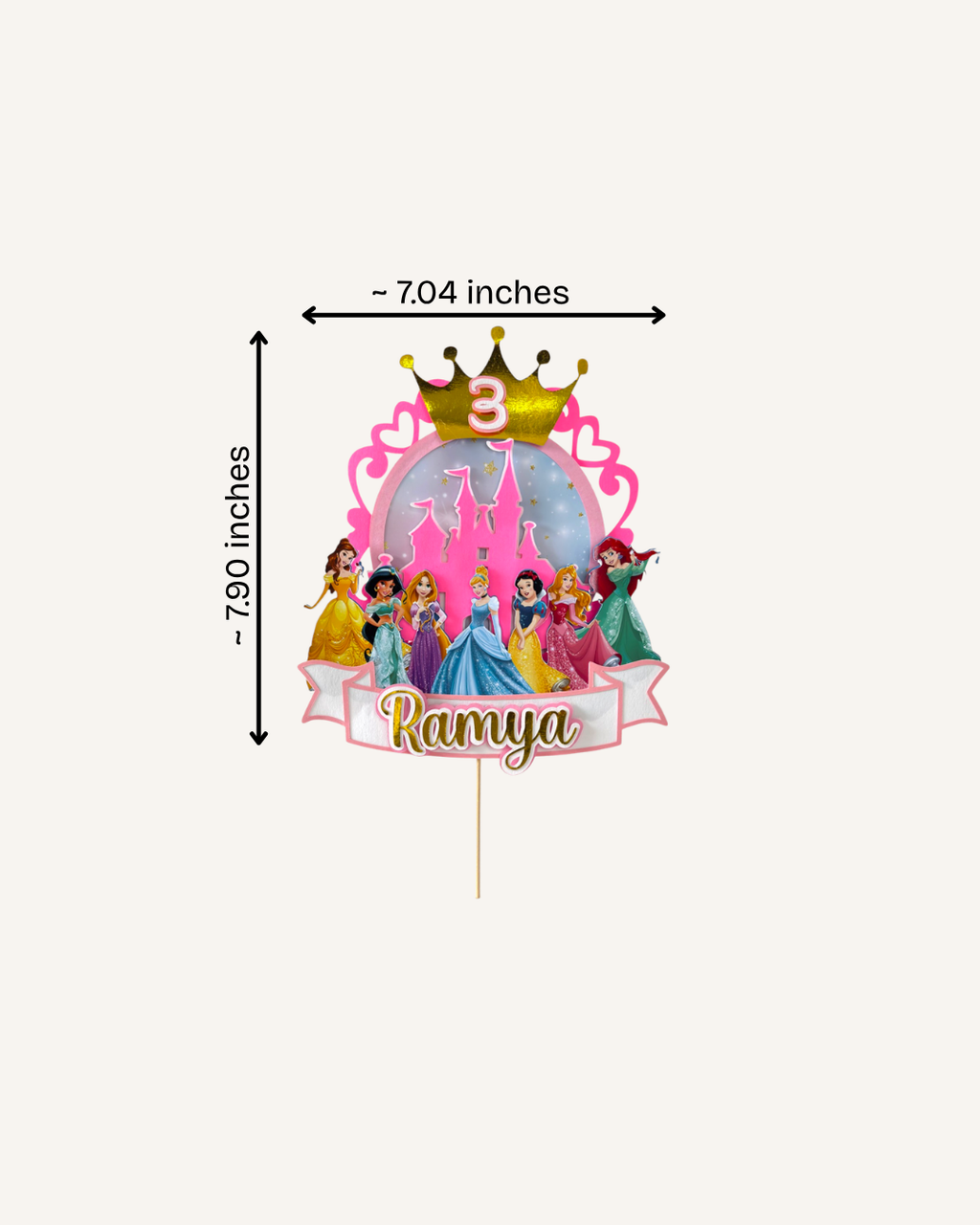 Paper Party Studio personalised princess castle cake topper with gold crown, pink fairytale castle, and Disney princesses