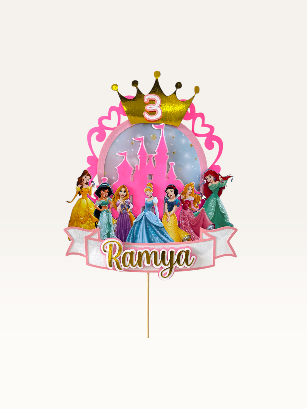 Paper Party Studio personalised princess castle cake topper with gold crown, age 3, and Disney princess characters.