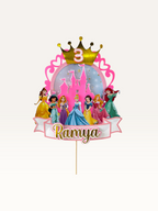 Paper Party Studio personalised princess castle cake topper with gold crown, age 3, and Disney princess characters.