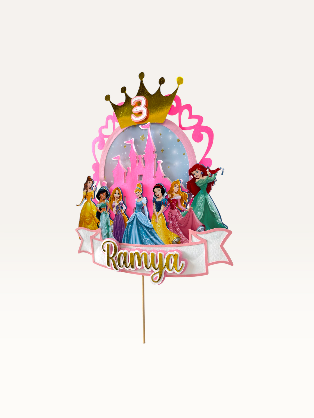 Paper Party Studio personalised princess castle cake topper with gold crown, age 3, and Disney princess characters.