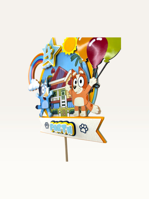 Paper Party Studio personalised blue puppy theme cake topper with 3D layered cardstock, rainbow, and age number
