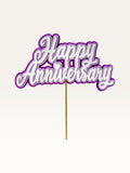 Paper Party Studio purple and white layered cardstock Happy Anniversary cake topper with a small heart detail.