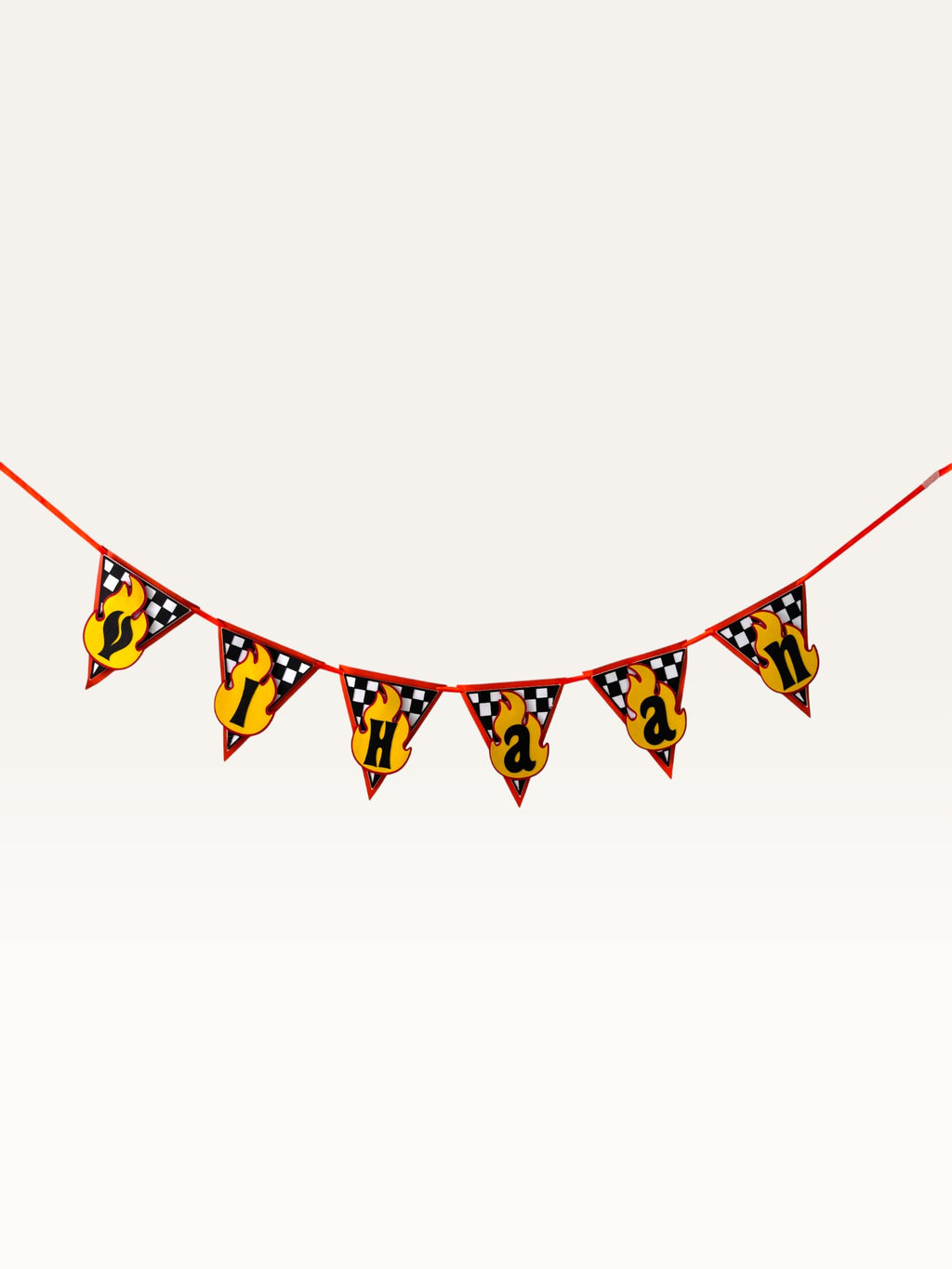 Paper Party Studio personalised race car birthday bunting with checkered flag pattern and yellow flame letter badges.