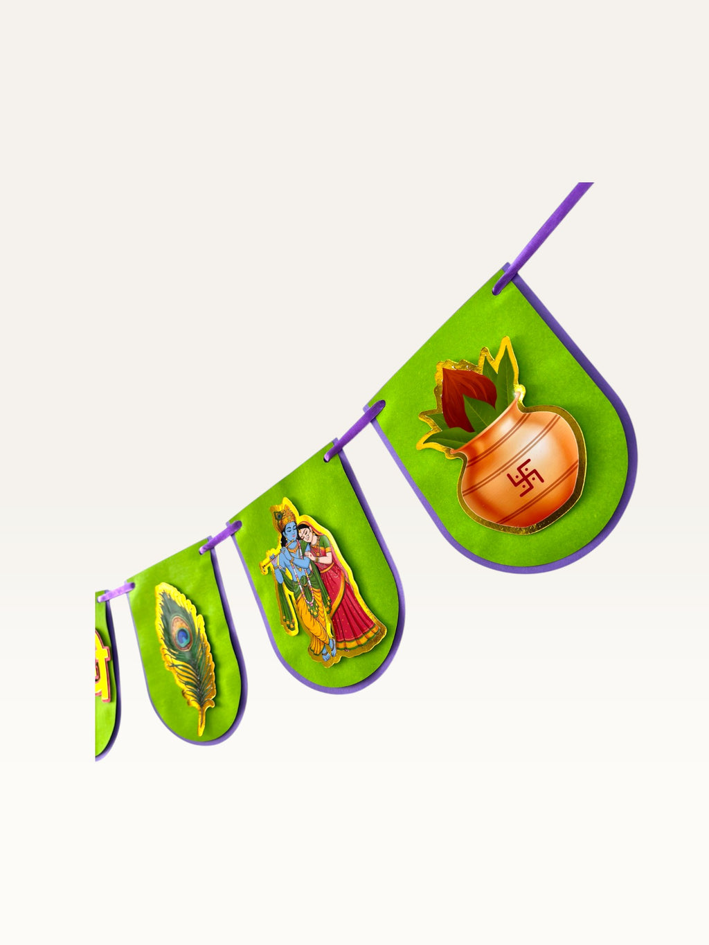 Paper Party Studio Radhe Radhe banner with green flags, purple edges, and gold Radha-Krishna, kalash, and peacock motifs.