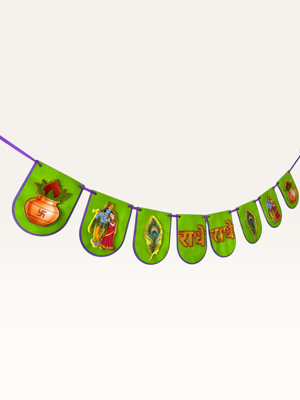 Paper Party Studio green paper banner for Janmashtami with gold Radha-Krishna, peacock feather, and kalash motifs.