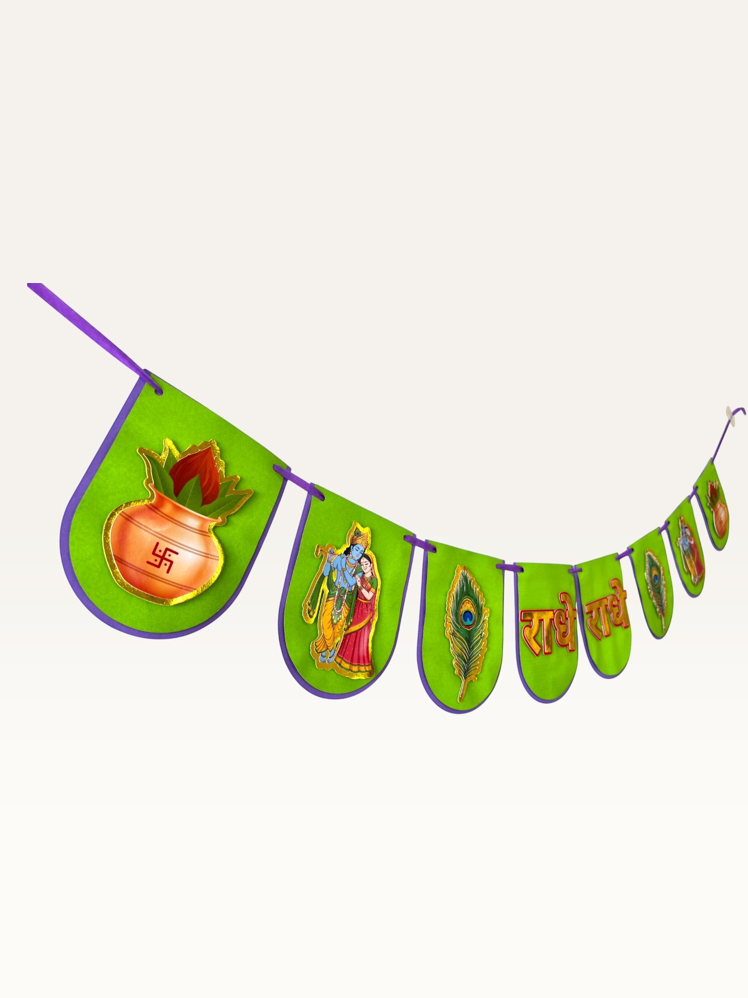 Paper Party Studio green paper banner for Janmashtami featuring gold Radha-Krishna, kalash, and peacock feather motifs.