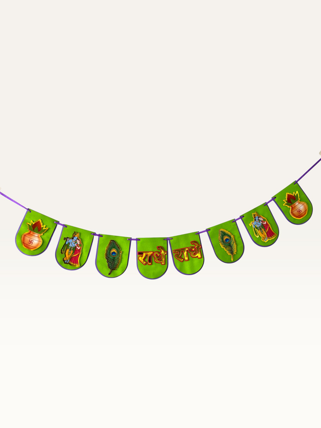 Paper Party Studio Radhe Radhe paper banner with green flags, purple edges, and gold Radha-Krishna festive motifs.