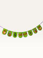 Paper Party Studio Radhe Radhe paper banner with green flags, purple edges, and gold Radha-Krishna festive motifs.