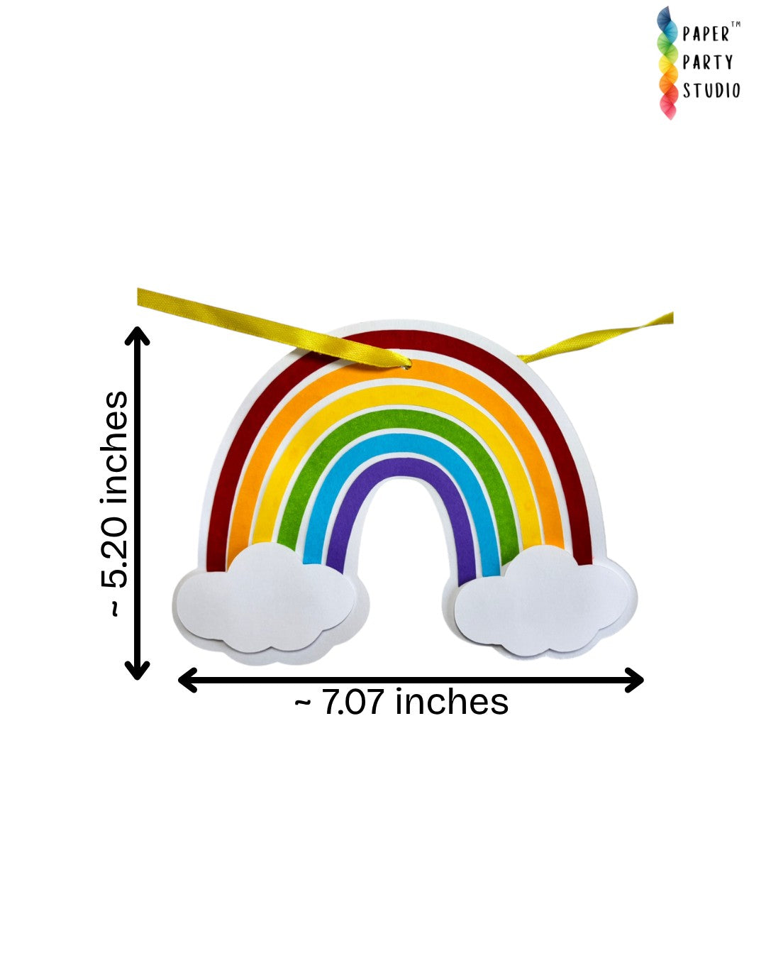 Paper Party Studio rainbow and cloud cardstock banner piece for birthday party decoration on yellow ribbon