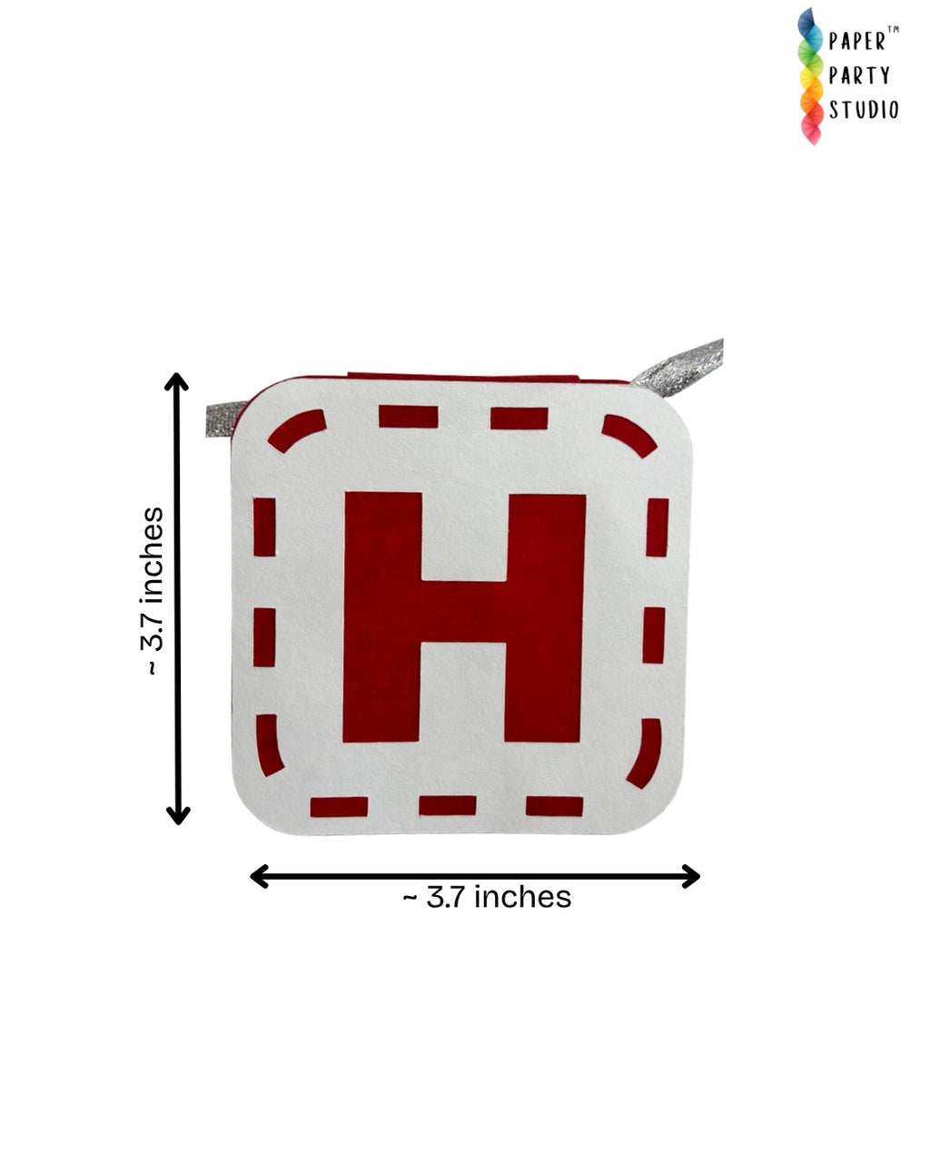 Paper Party Studio rainbow Happy Birthday banner letter flag with red H on white cardstock and dashed border detail.