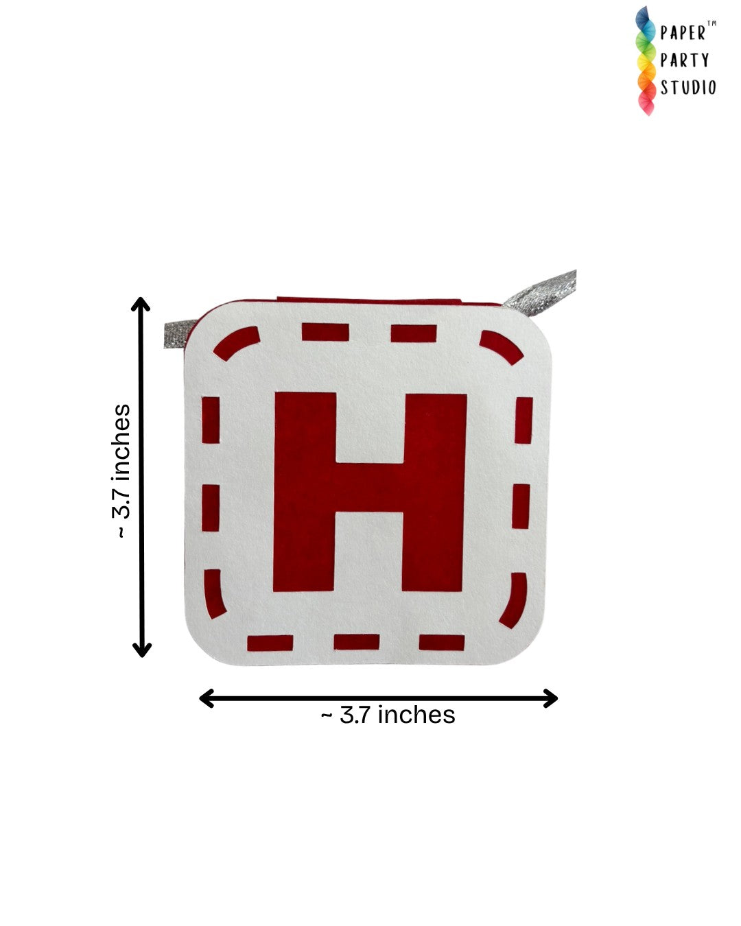Paper Party Studio rainbow Happy Birthday banner letter flag with red H on white cardstock and dashed border detail.