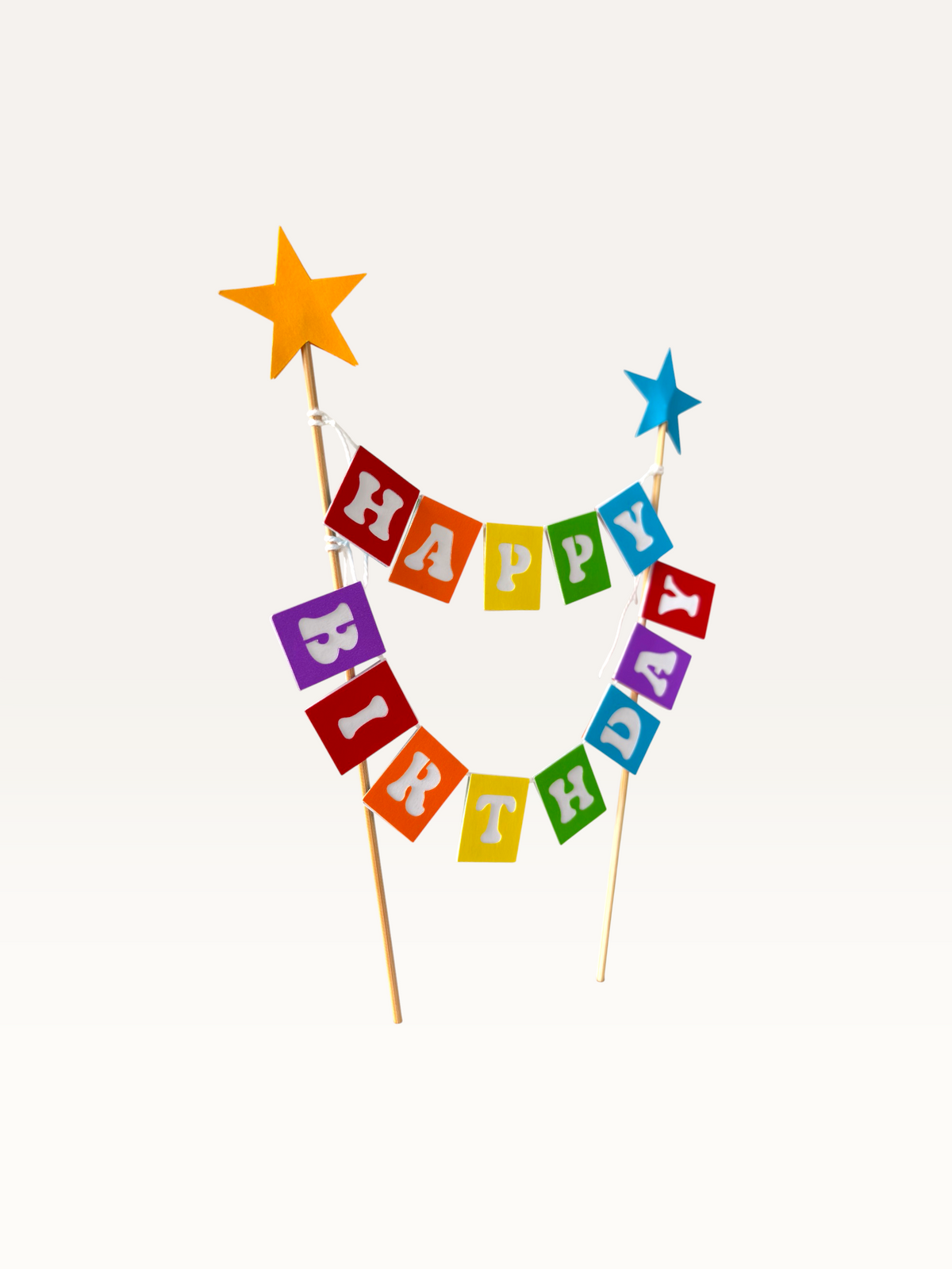 Paper Party Studio rainbow Happy Birthday cake bunting topper with foil star-tipped wooden picks