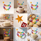 Paper Party Studio rainbow Happy Birthday cake bunting topper with foil star picks on a decorated cake