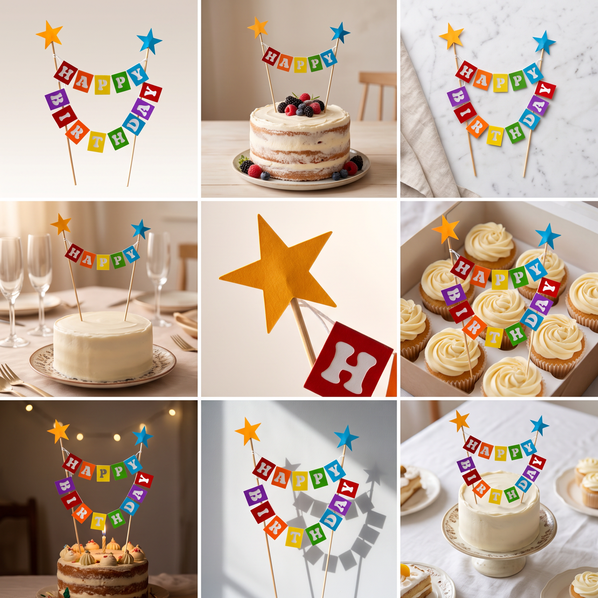 Paper Party Studio rainbow Happy Birthday cake bunting topper with foil star picks on a decorated cake