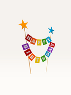 Paper Party Studio rainbow Happy Birthday cake bunting topper with orange and blue foil star-tipped wooden picks
