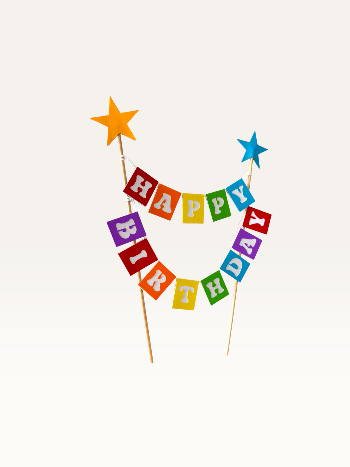 Paper Party Studio rainbow Happy Birthday cake bunting topper with orange and blue foil star-tipped wooden picks