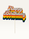 Paper Party Studio retro rainbow Happy Birthday cake topper with layered script lettering and silver top layer.