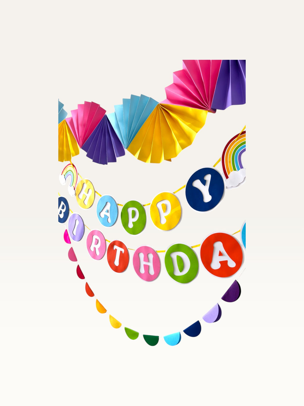 Paper Party Studio unicorn rainbow birthday party decoration set with Happy Birthday banner and paper fans