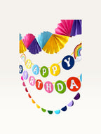 Paper Party Studio unicorn rainbow birthday party decoration set with Happy Birthday banner and paper fans