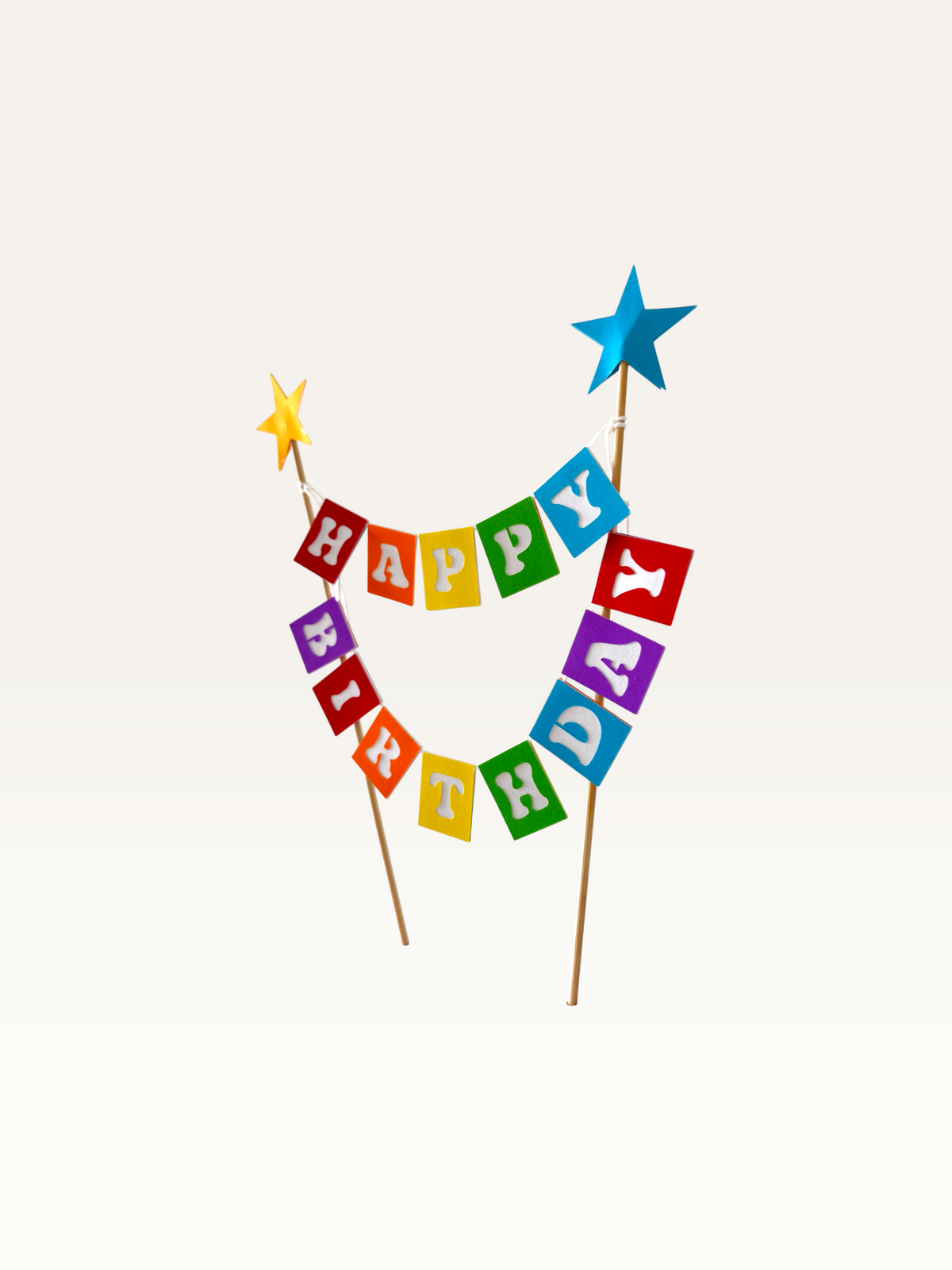 Paper Party Studio rainbow Happy Birthday cake bunting topper with foil star-tipped wooden picks