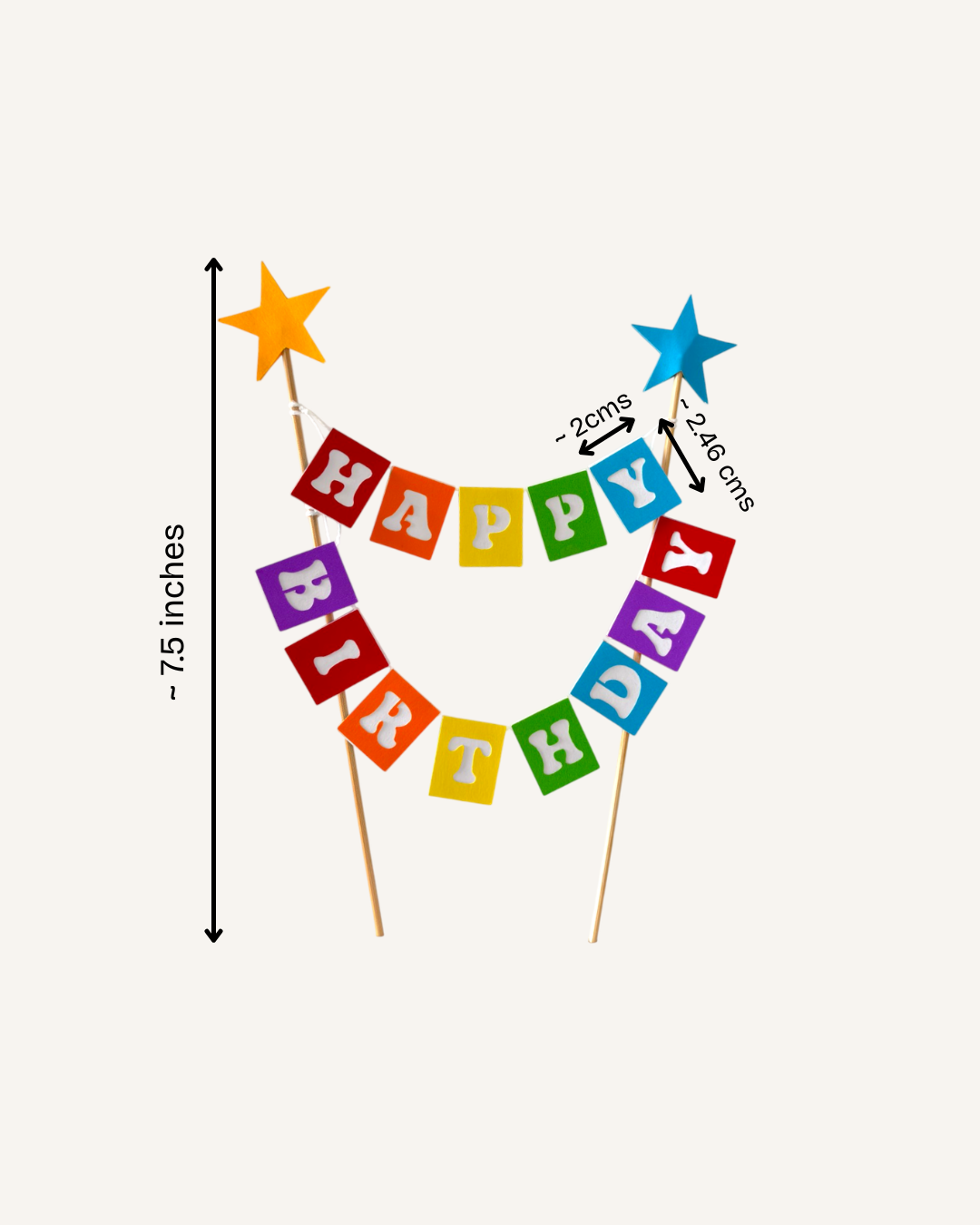Paper Party Studio rainbow Happy Birthday cake bunting topper with foil star-tipped wooden picks