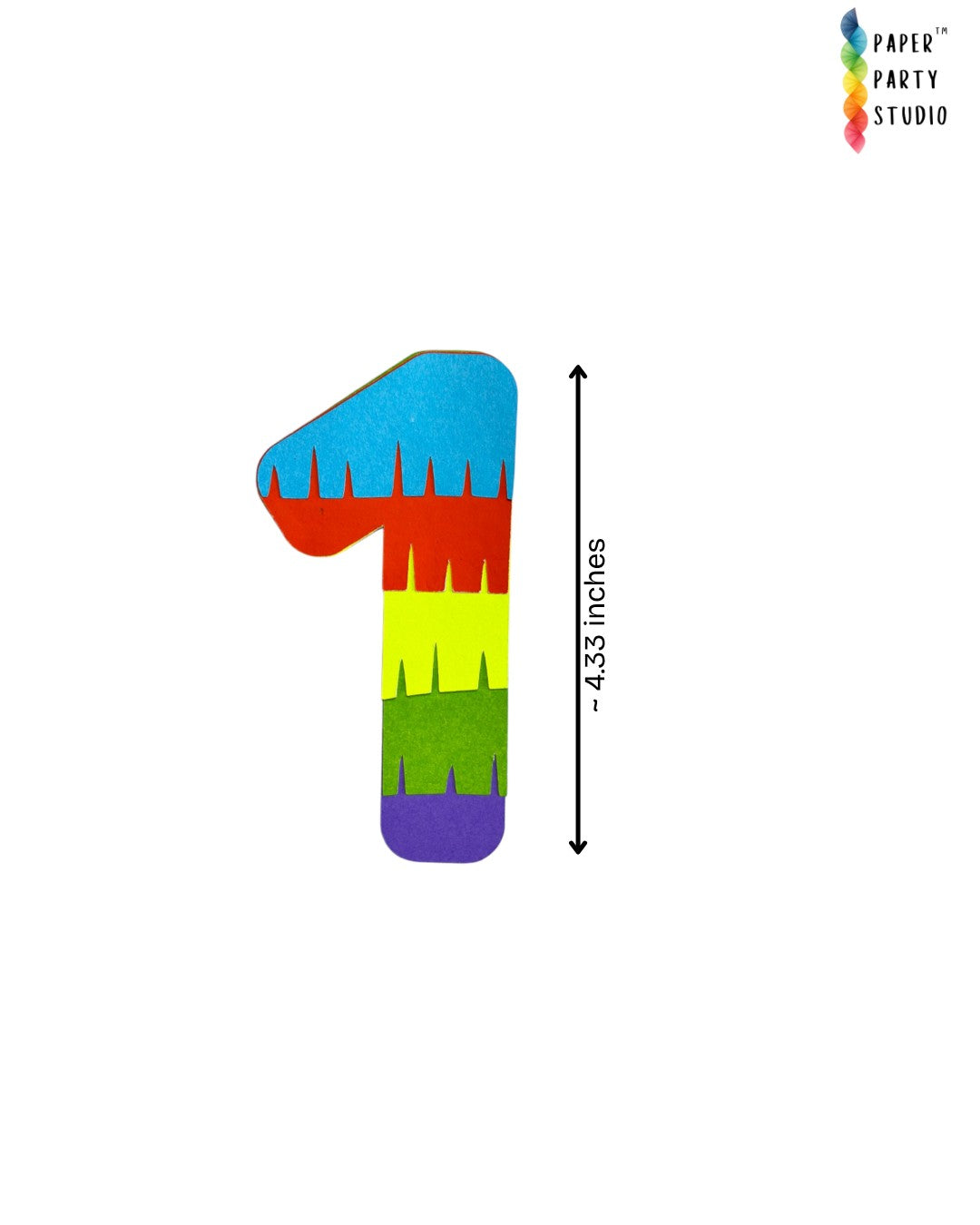 Paper Party Studio rainbow fringe number one cake topper made of layered cardstock with a piñata-style texture.