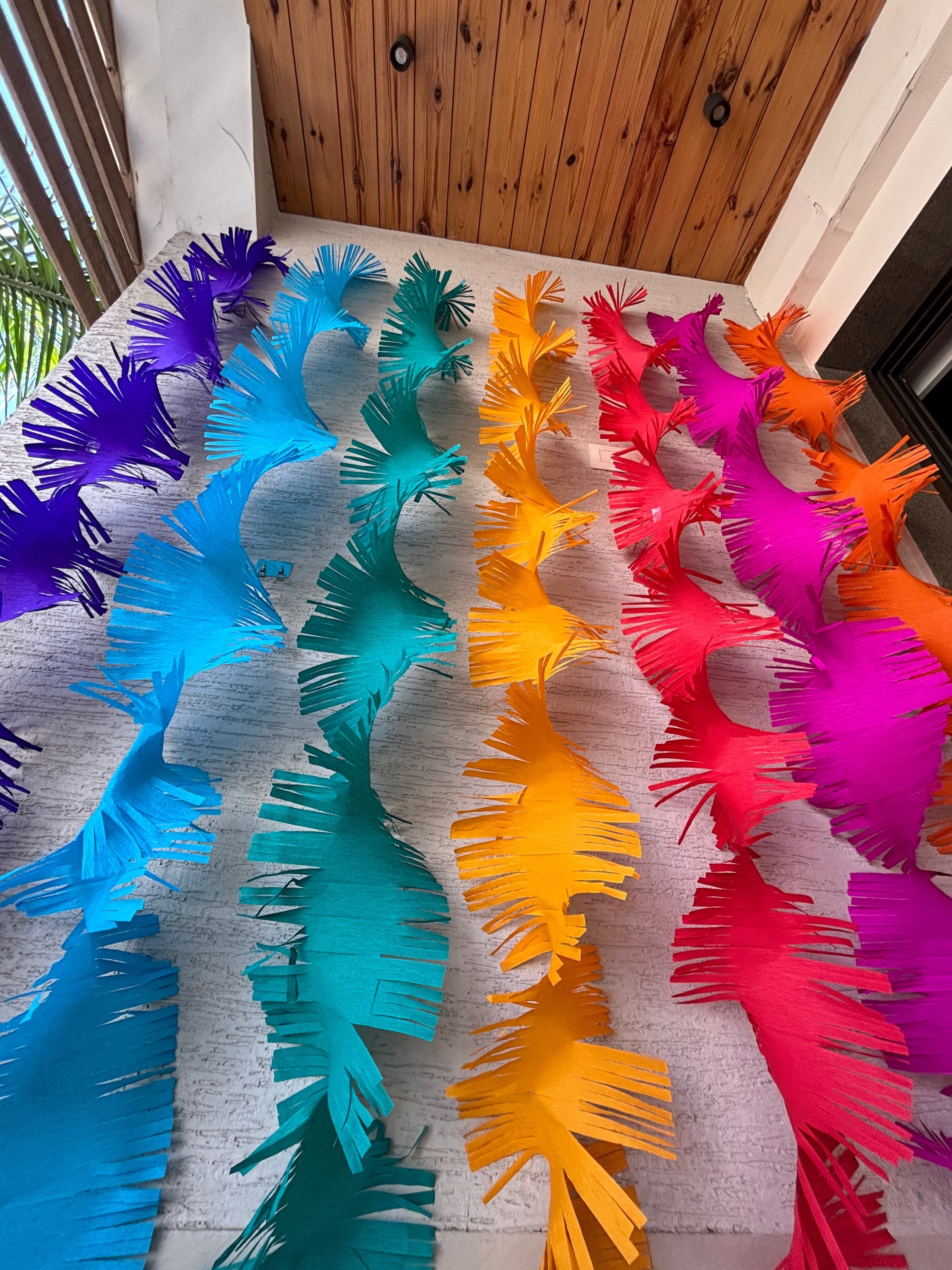Paper Party Studio rainbow crepe paper fringe streamers hanging vertically, ideal for backdrops.