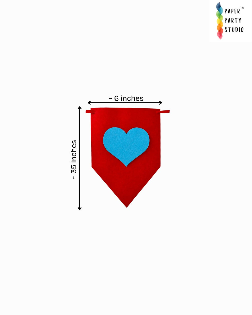 Paper Party Studio rainbow heart bunting flag made of red cardstock with a blue heart cutout, 6 by 3.5 inches.