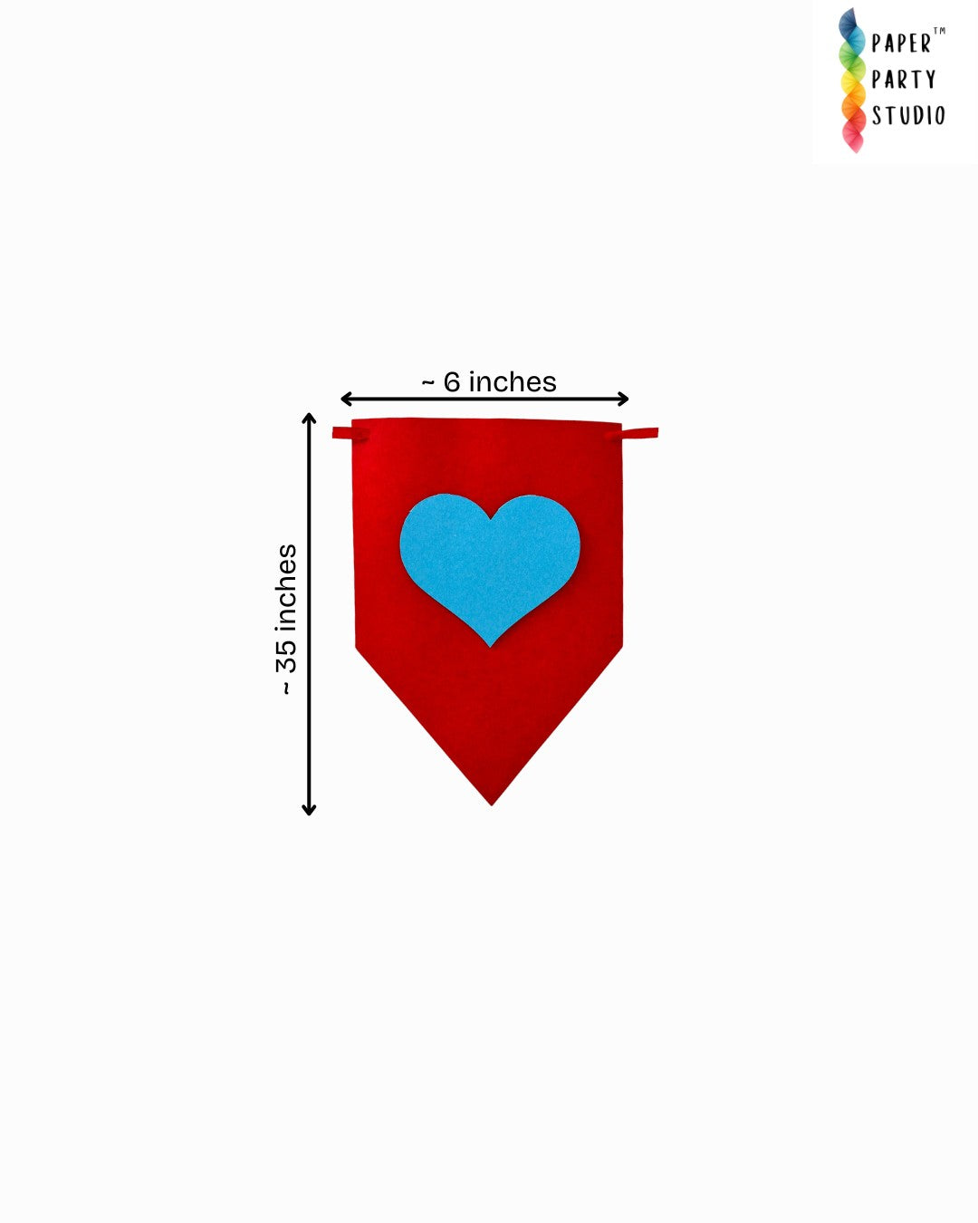 Paper Party Studio rainbow heart bunting flag made of red cardstock with a blue heart cutout, 6 by 3.5 inches.