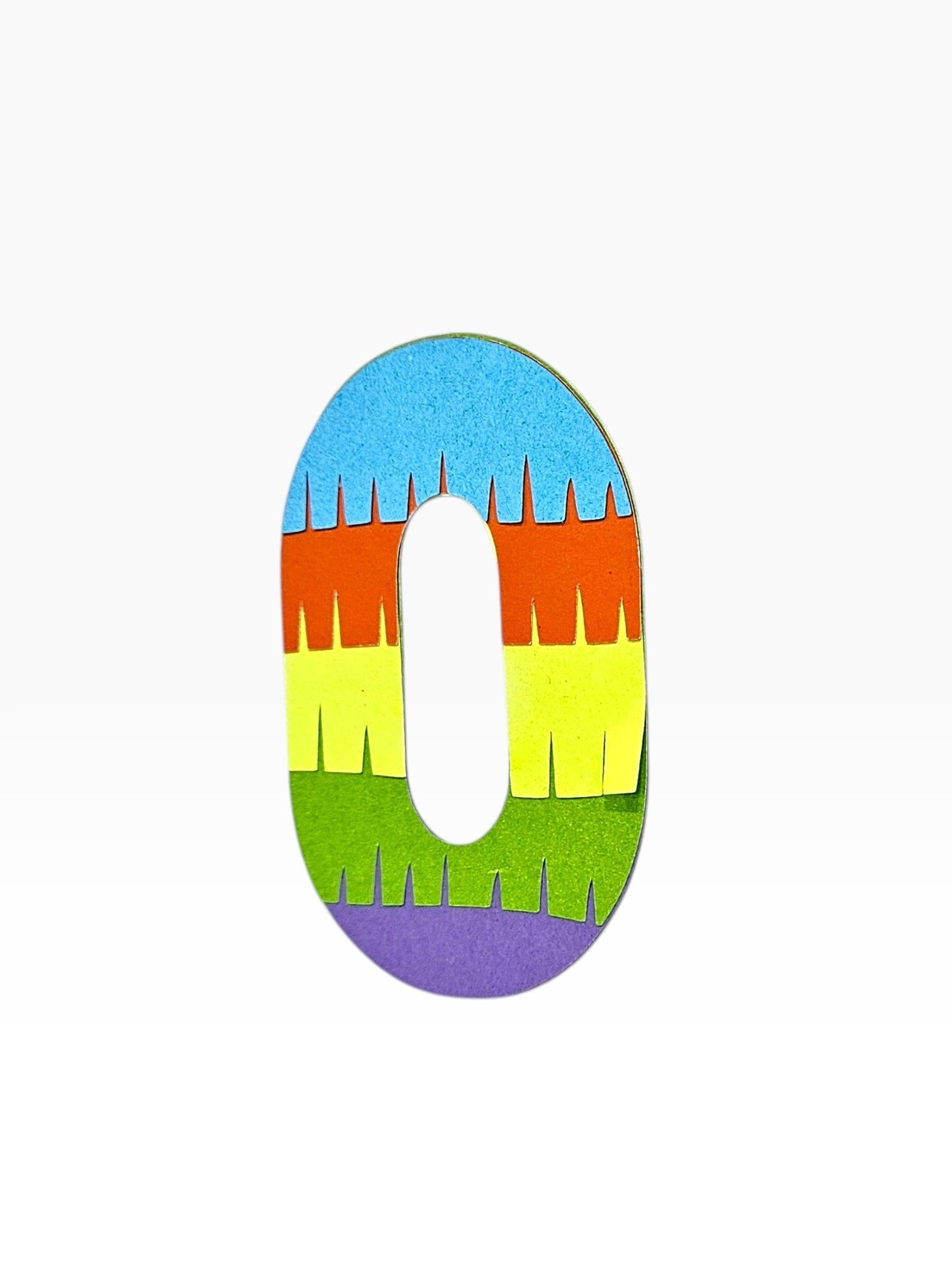 Paper Party Studio rainbow fringe number 0 cake topper, layered cardstock in blue, orange, yellow, green, and purple.