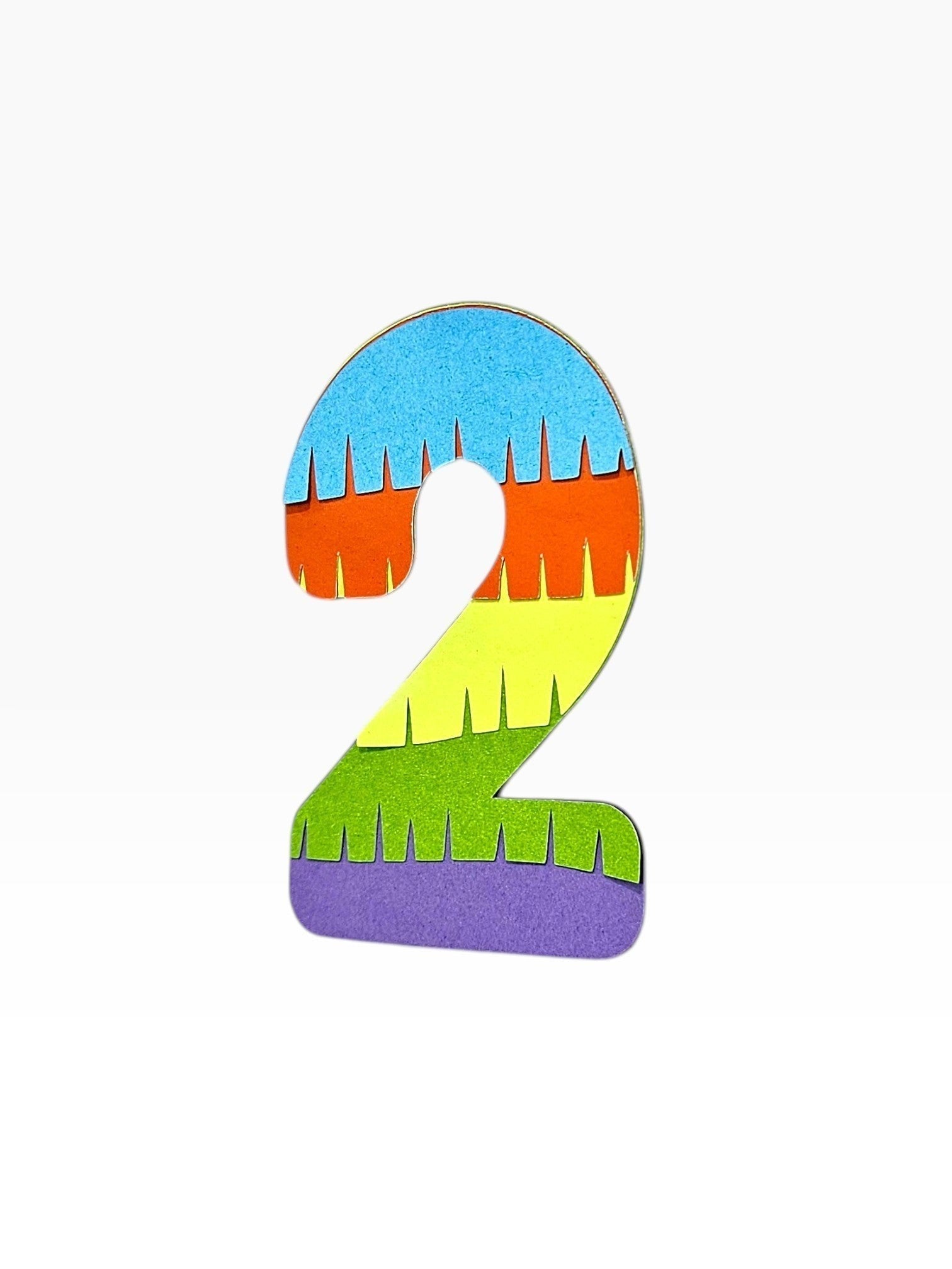 Paper Party Studio rainbow fringe number 2 cake topper, layered cardstock in blue, orange, yellow, green, and purple.