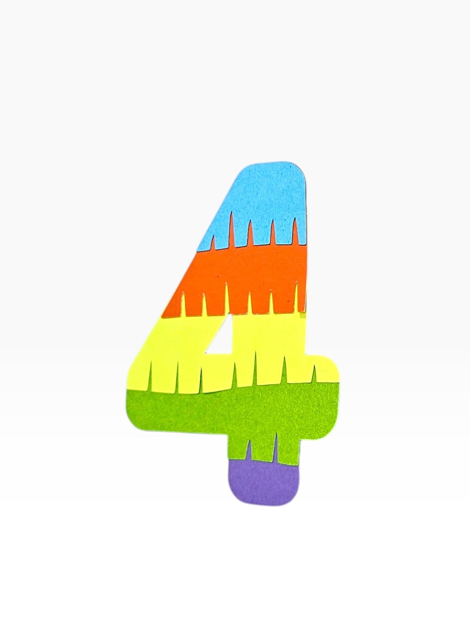 Paper Party Studio rainbow fringe number 4 cake topper, layered cardstock in blue, orange, yellow, green, and purple.