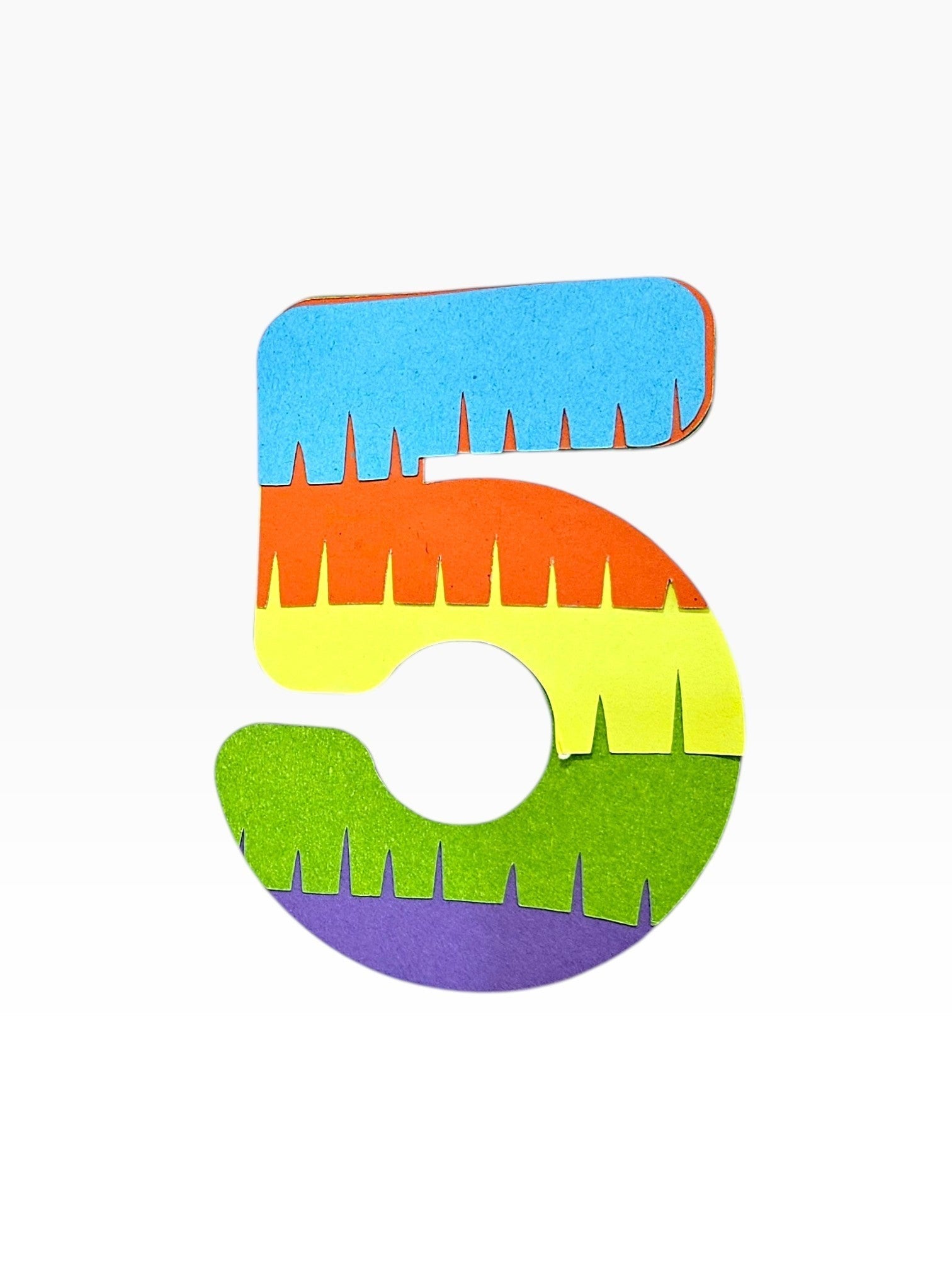 Paper Party Studio rainbow fringe number 5 cake topper, layered cardstock in blue, orange, yellow, green, and purple.