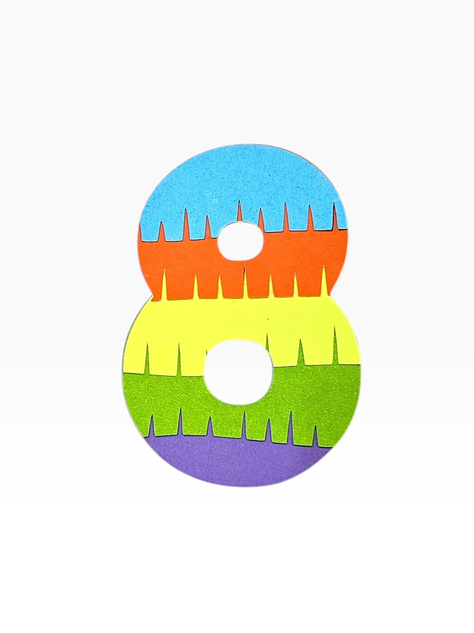 Paper Party Studio rainbow fringe number 8 cake topper, layered cardstock in blue, orange, yellow, green, and purple.