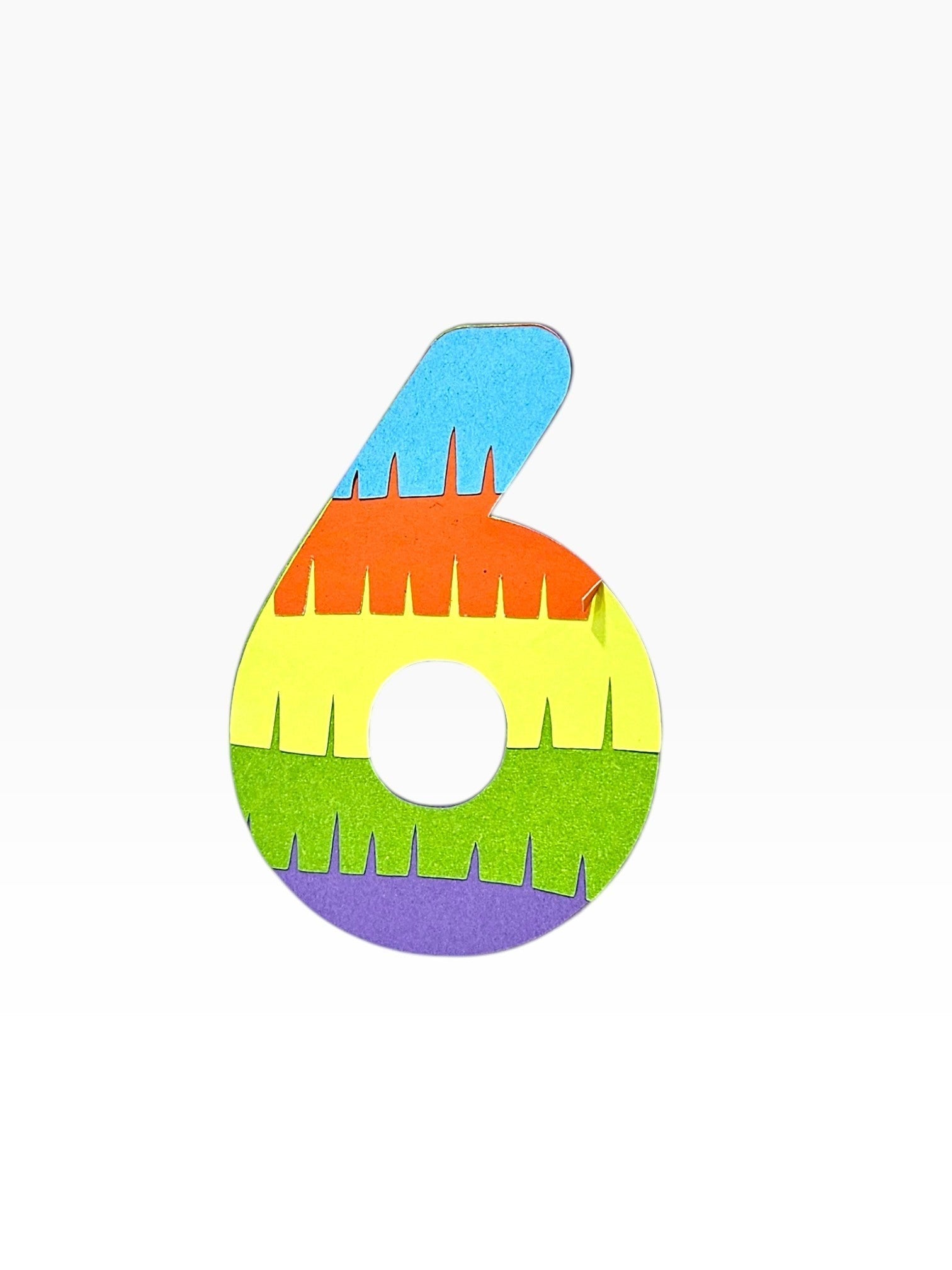 Paper Party Studio rainbow fringe number 6 cake topper, layered cardstock in blue, orange, yellow, green, and purple.