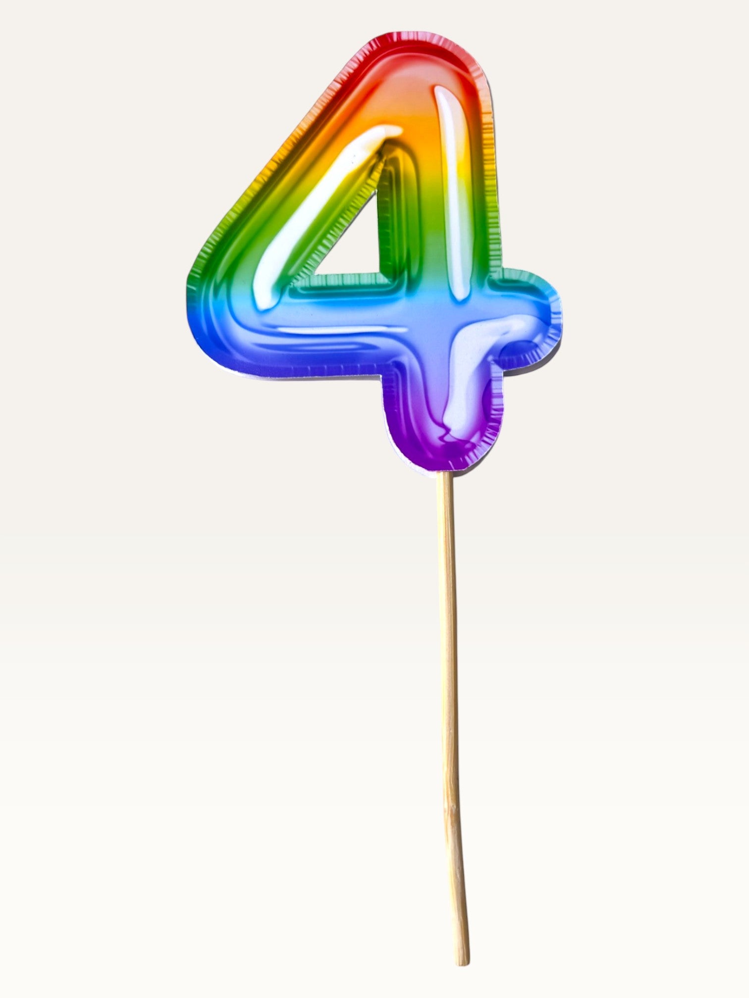 Paper Party Studio rainbow foil number 4 cupcake topper on a bamboo stick, double-sided premium paper design.