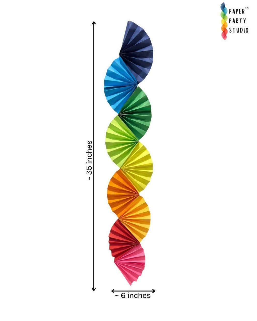Paper Party Studio rainbow Colorwave Garland made of folded cardstock fans for party wall decor.