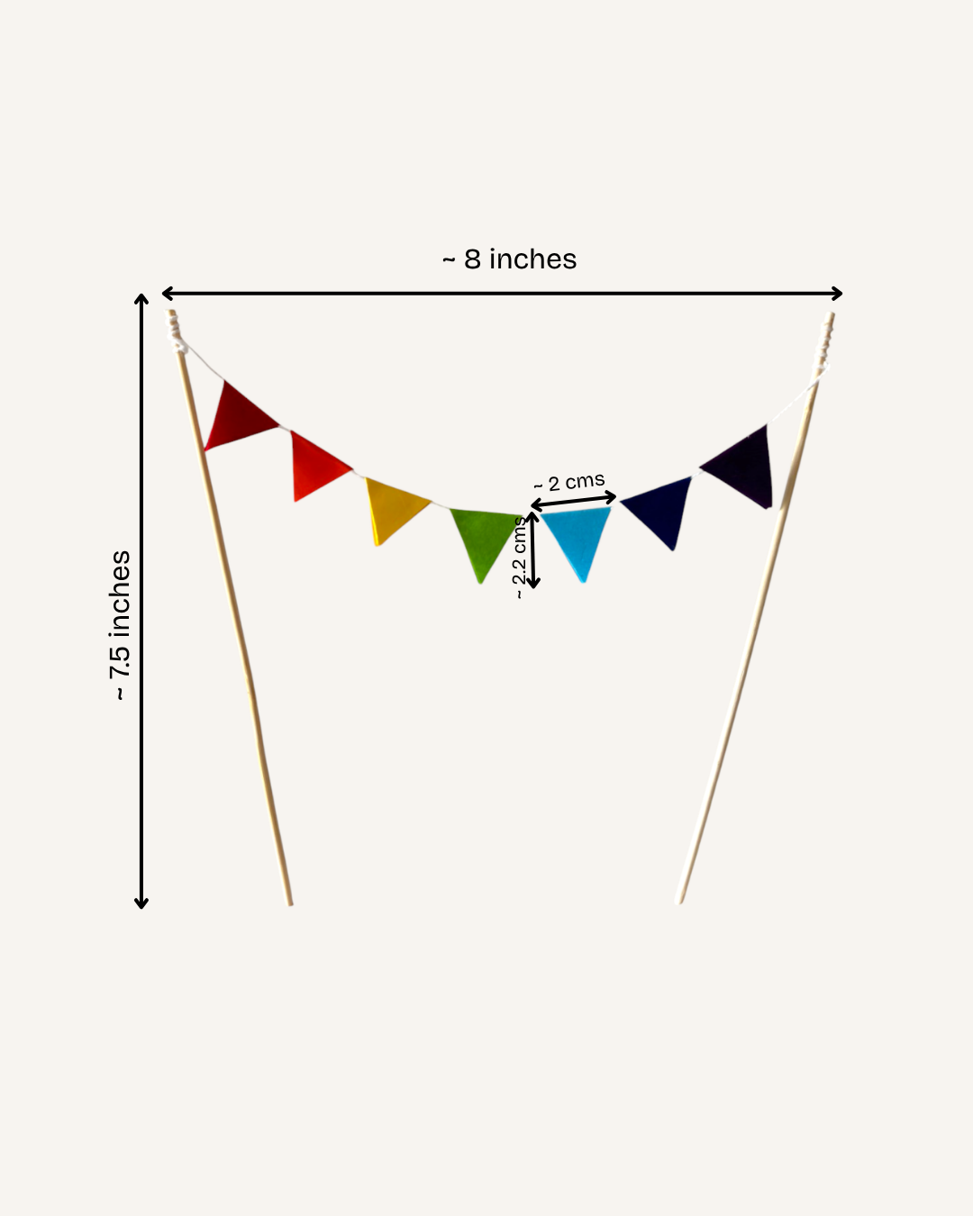 Paper Party Studio rainbow pennant cake topper with colourful mini flags on bamboo sticks