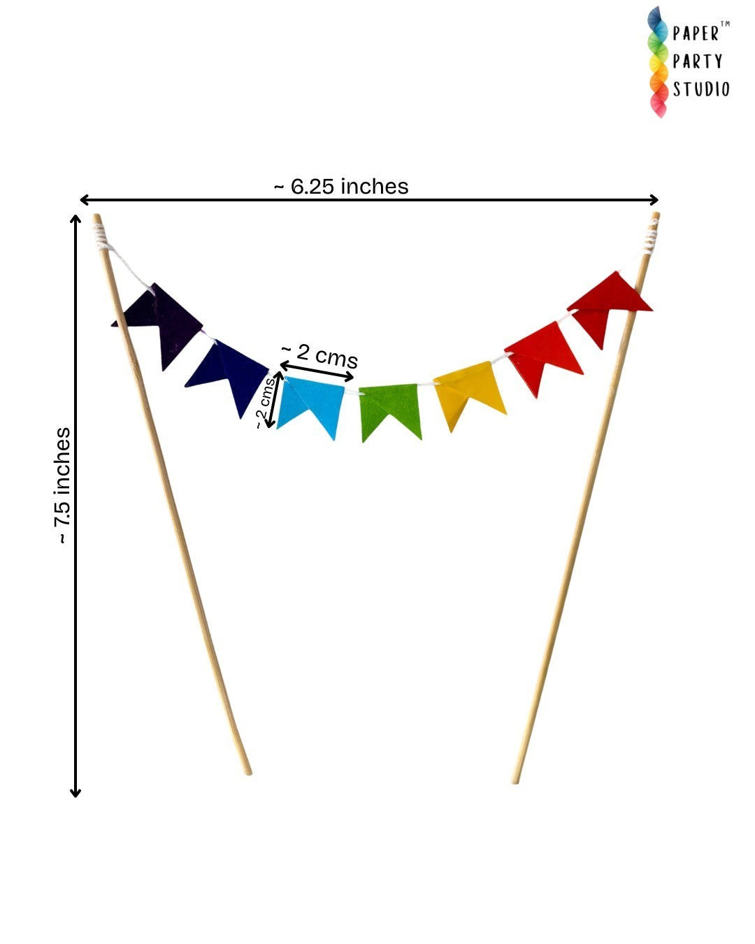 Paper Party Studio rainbow pennant cake topper with mini triangle flags on bamboo sticks for birthday party cakes