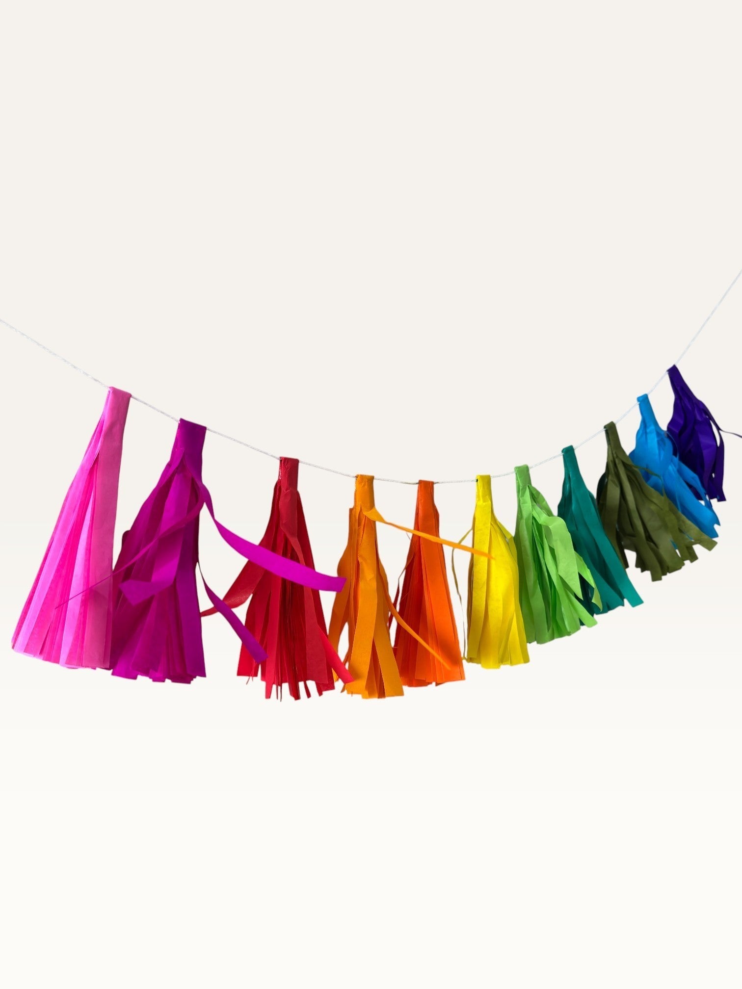 Paper Party Studio rainbow tissue paper tassel garland for party decorations, hand-strung on a fine white cord.