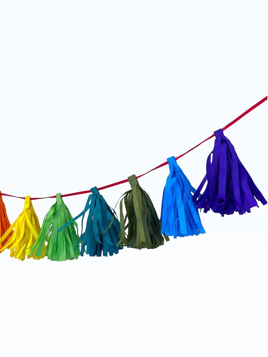 Paper Party Studio rainbow tissue paper tassel garland on a red cord for party decorations and backdrops.